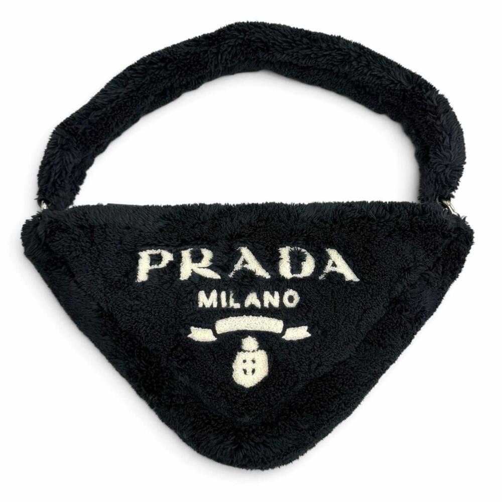 PRADA 1NE043 Terry Cloth Triangle Logo Pile Bag Handbag Navy Made in Italy Wo...